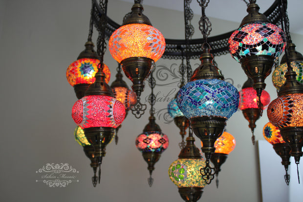 15-BALL TURKISH SULTAN MOSAIC CHANDELIER, MEDUM GLOBES - TurkishLights.NET