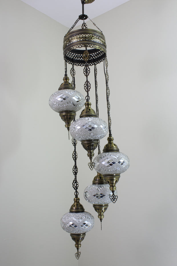 5 BALL TURKISH MOSAIC CHANDELIER, WITH LARGE GLOBES - TurkishLights.NET