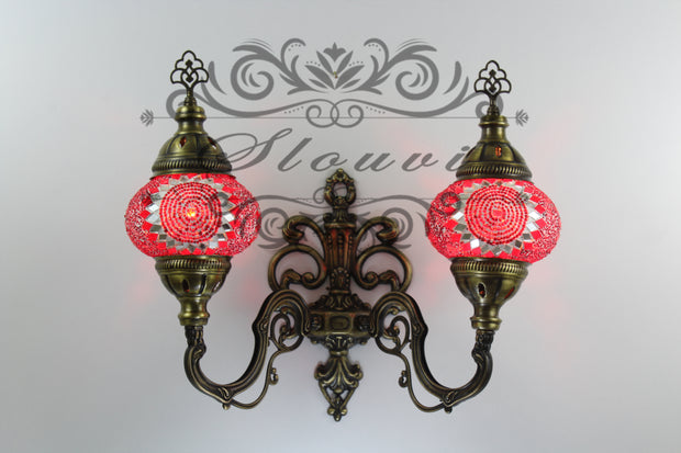 Turkish Mosaic Double Wall Sconce, With Medium Globes, Upward - TurkishLights.NET