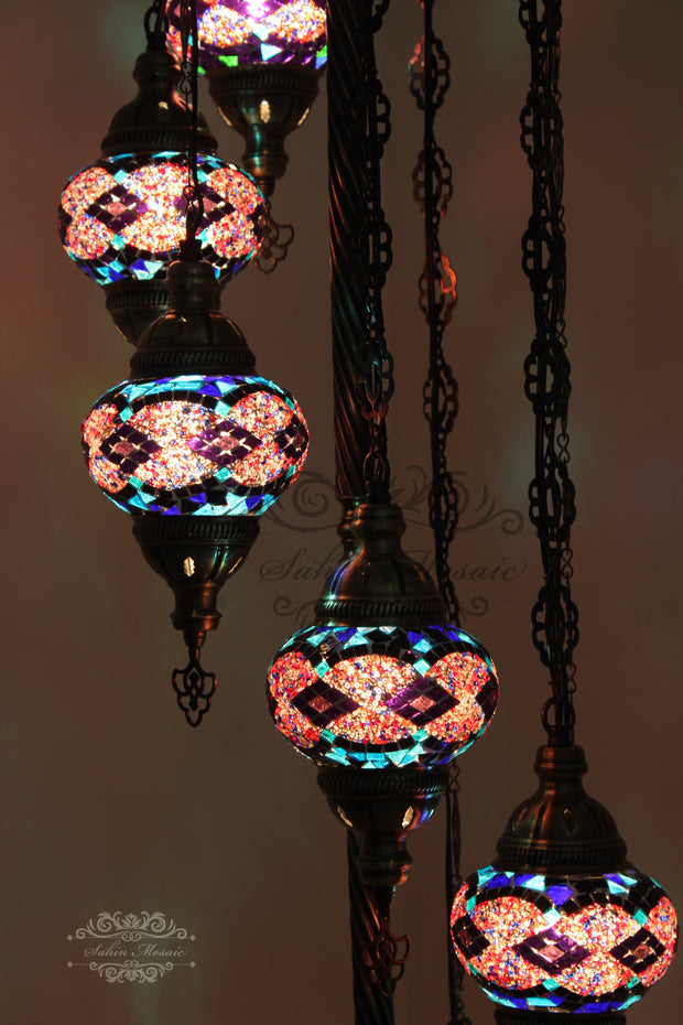 7 BALL TURKISH MOSAIC FLOOR LAMP, LAMBADER, MEDIUM GLOBES - TurkishLights.NET