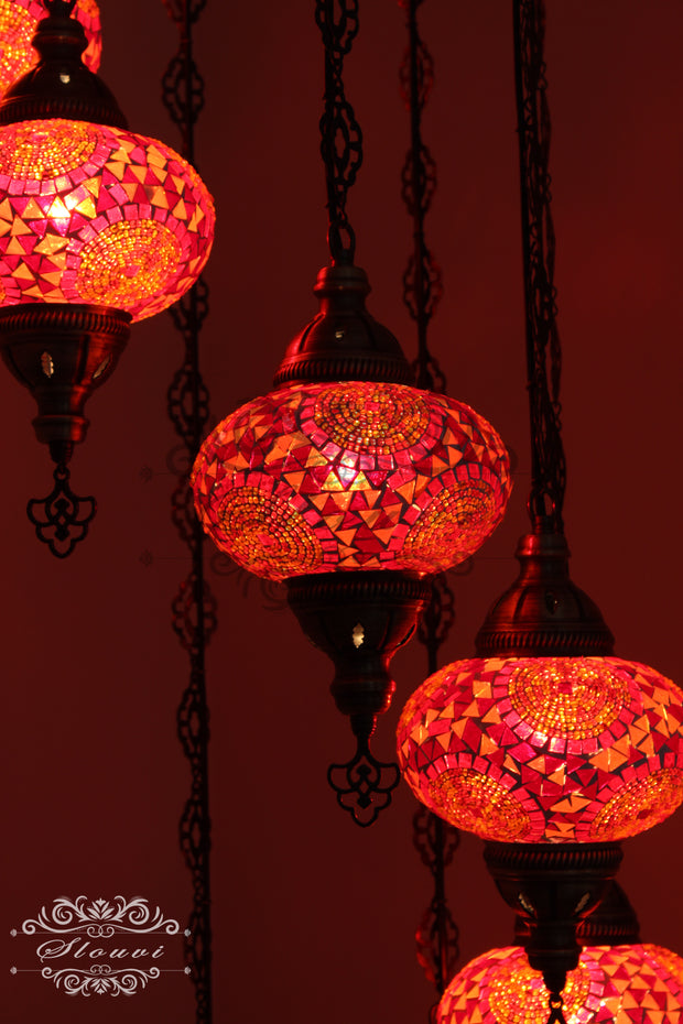 TURKISH MOSAIC LAMP, Water Drop Style CHANDELIER IN 8 LARGE GLOBES - TurkishLights.NET