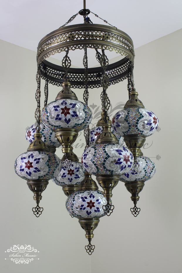 9-BALL TURKISH SULTAN MOSAIC CHANDELIER WITH NO3 (LARGE) GLOBES - TurkishLights.NET