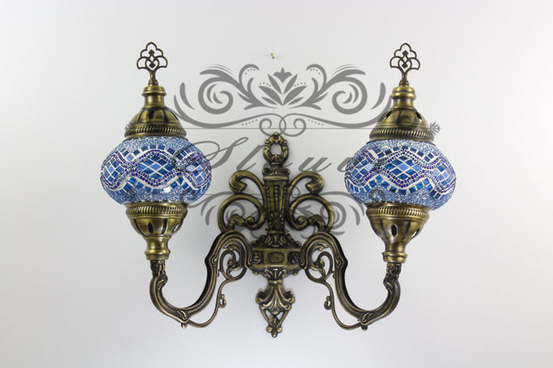 Turkish Mosaic Double Wall Sconce, With Medium Globes, Upward - TurkishLights.NET