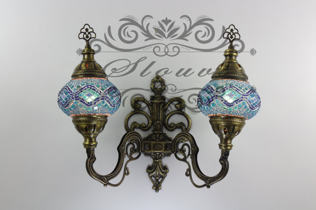 Turkish Mosaic Double Wall Sconce, With Medium Globes, Upward - TurkishLights.NET