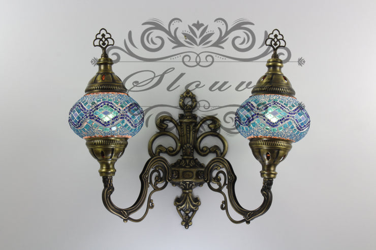 Turkish Mosaic Double Wall Sconce, With Medium Globes, Upward - TurkishLights.NET