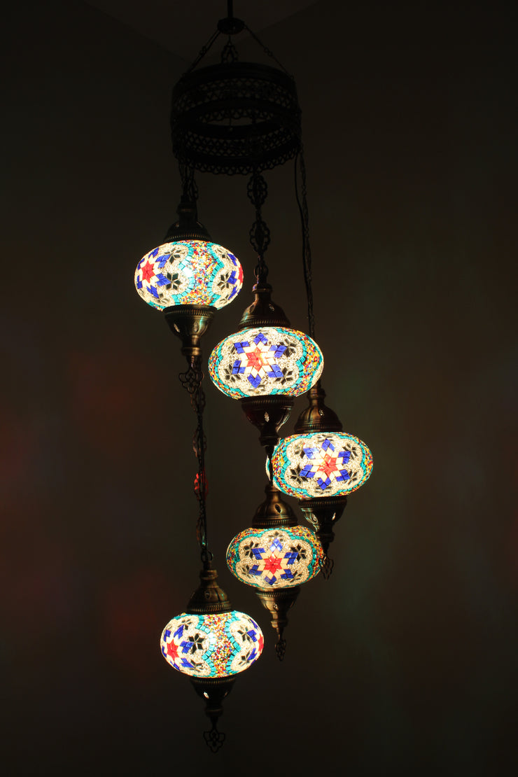 5 BALL TURKISH MOSAIC CHANDELIER, WITH LARGE GLOBES - TurkishLights.NET