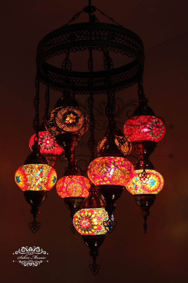 9-BALL TURKISH SULTAN MOSAIC CHANDELIER WITH NO2 (MEDIUM) GLOBES - TurkishLights.NET