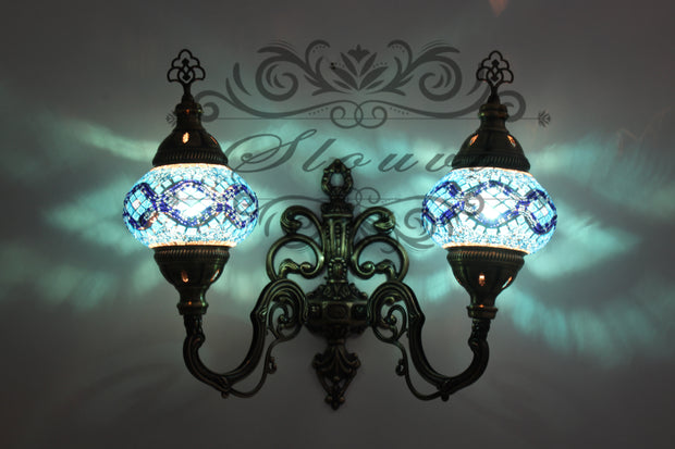 Turkish Mosaic Double Wall Sconce, With Medium Globes, Upward - TurkishLights.NET