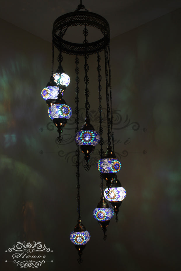 TURKISH MOSAIC LAMP, Water Drop Style CHANDELIER IN 8 GLOBES - TurkishLights.NET