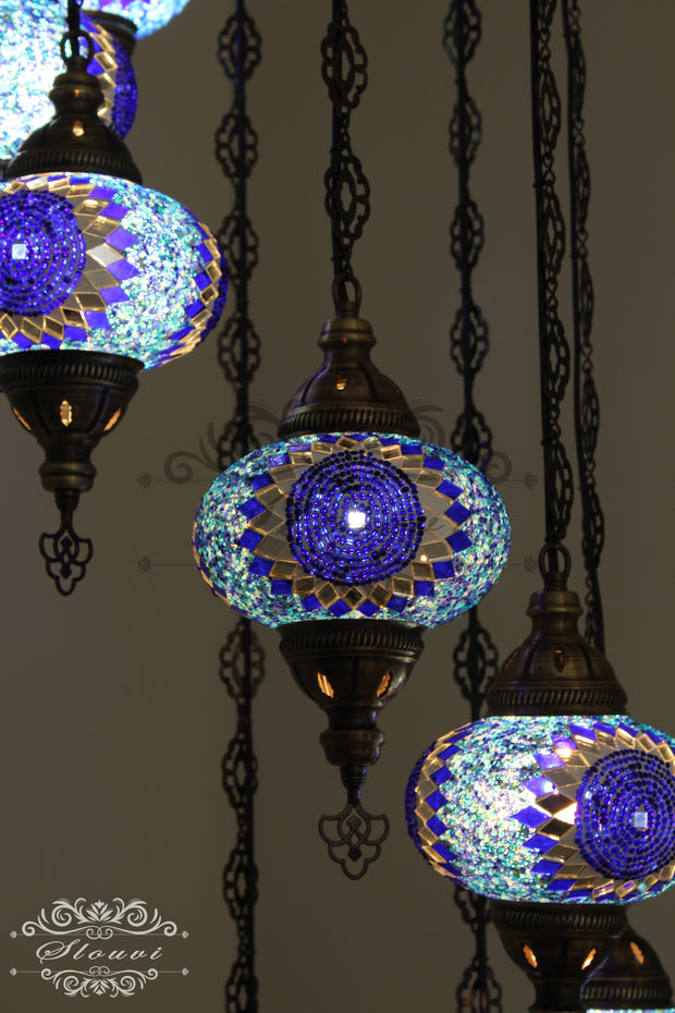 TURKISH MOSAIC LAMP, Water Drop Style CHANDELIER IN 8 LARGE GLOBES - TurkishLights.NET