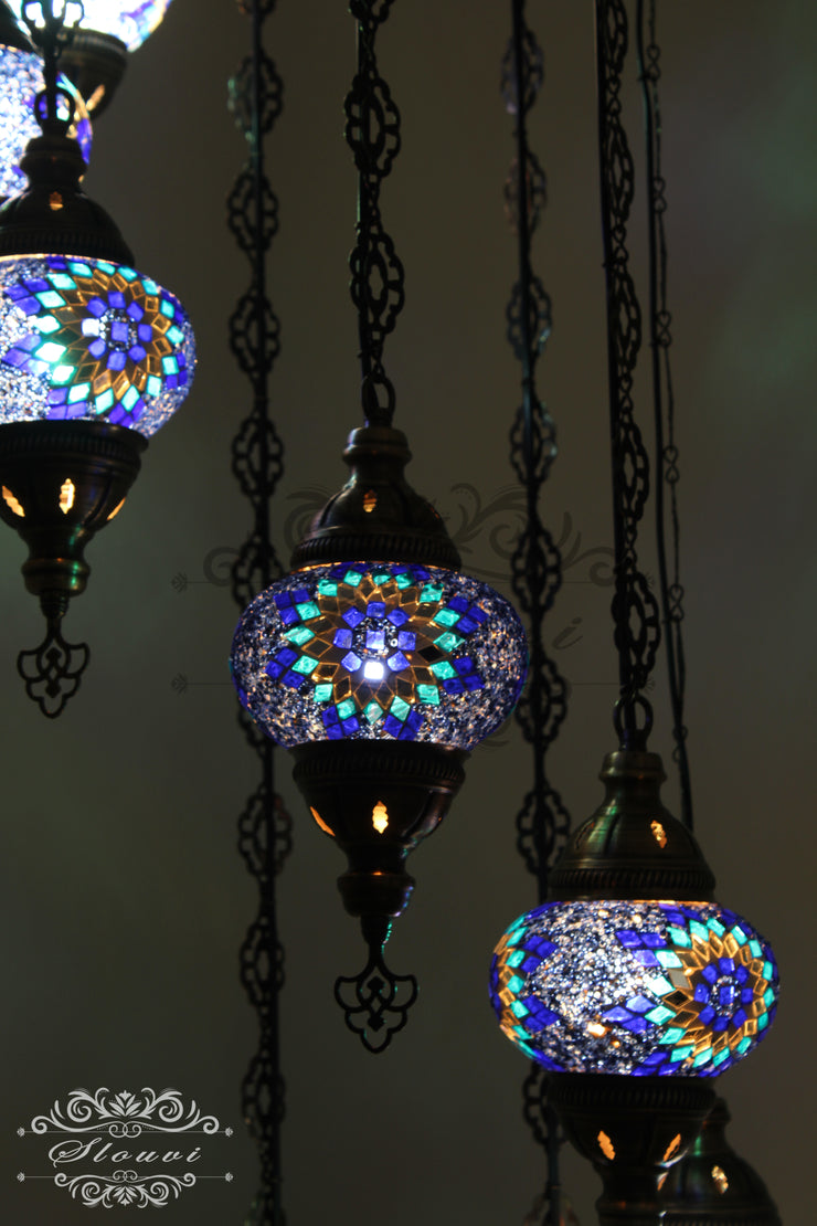 TURKISH MOSAIC LAMP, Water Drop Style CHANDELIER IN 8 GLOBES - TurkishLights.NET