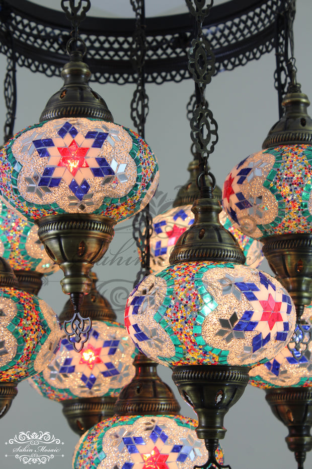 9-BALL TURKISH SULTAN MOSAIC CHANDELIER WITH NO3 (LARGE) GLOBES - TurkishLights.NET