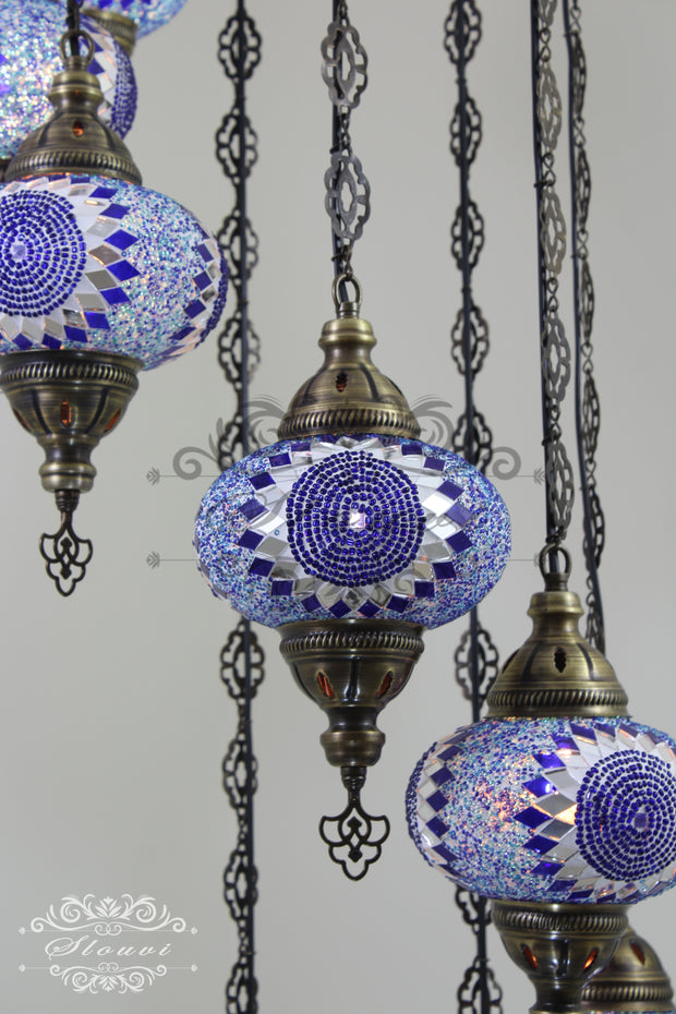 TURKISH MOSAIC LAMP, Water Drop Style CHANDELIER IN 8 LARGE GLOBES - TurkishLights.NET