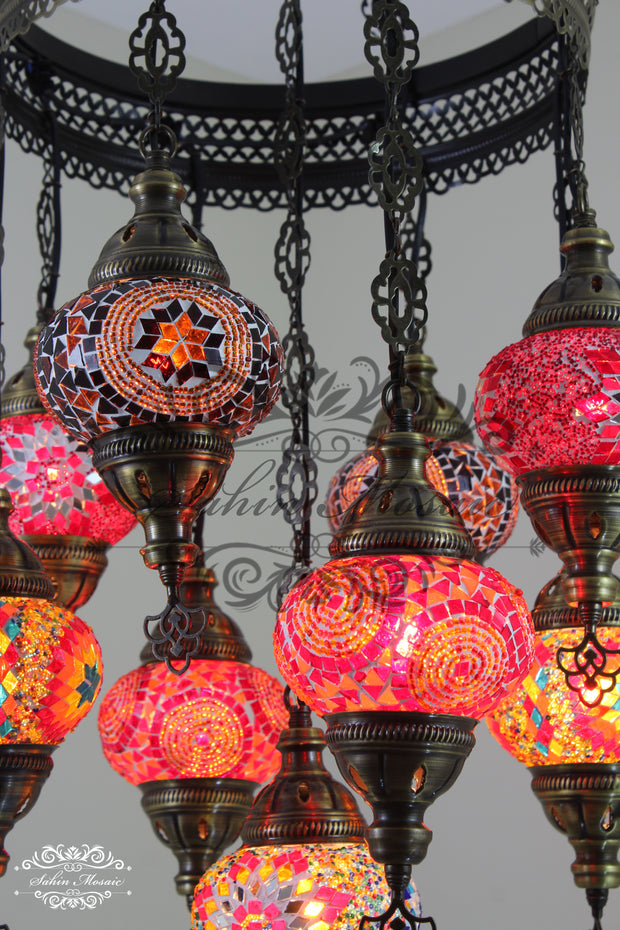 9-BALL TURKISH SULTAN MOSAIC CHANDELIER WITH NO2 (MEDIUM) GLOBES - TurkishLights.NET