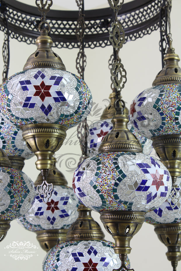 9-BALL TURKISH SULTAN MOSAIC CHANDELIER WITH NO3 (LARGE) GLOBES - TurkishLights.NET