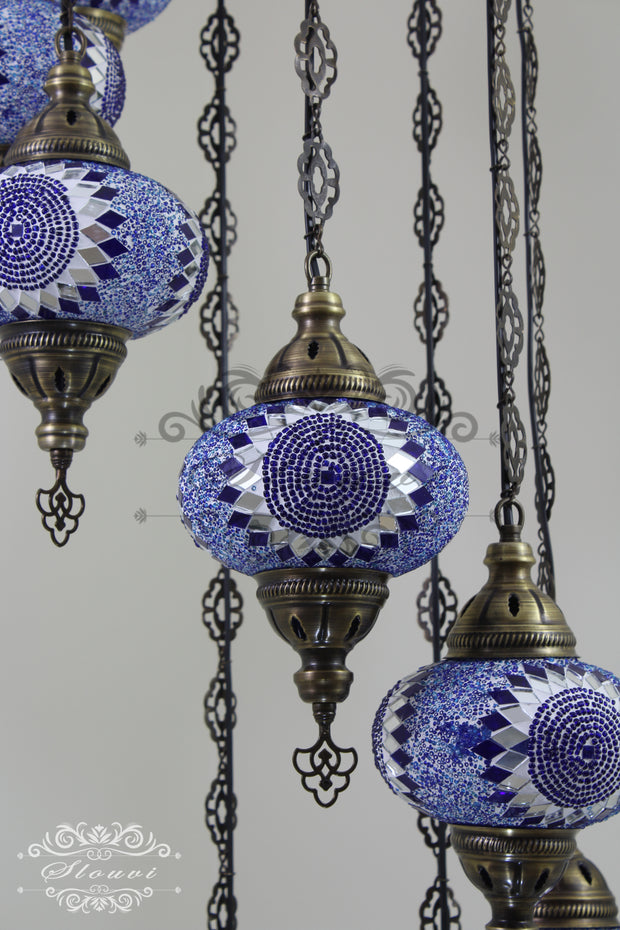 TURKISH MOSAIC LAMP, Water Drop Style CHANDELIER IN 8 LARGE GLOBES - TurkishLights.NET