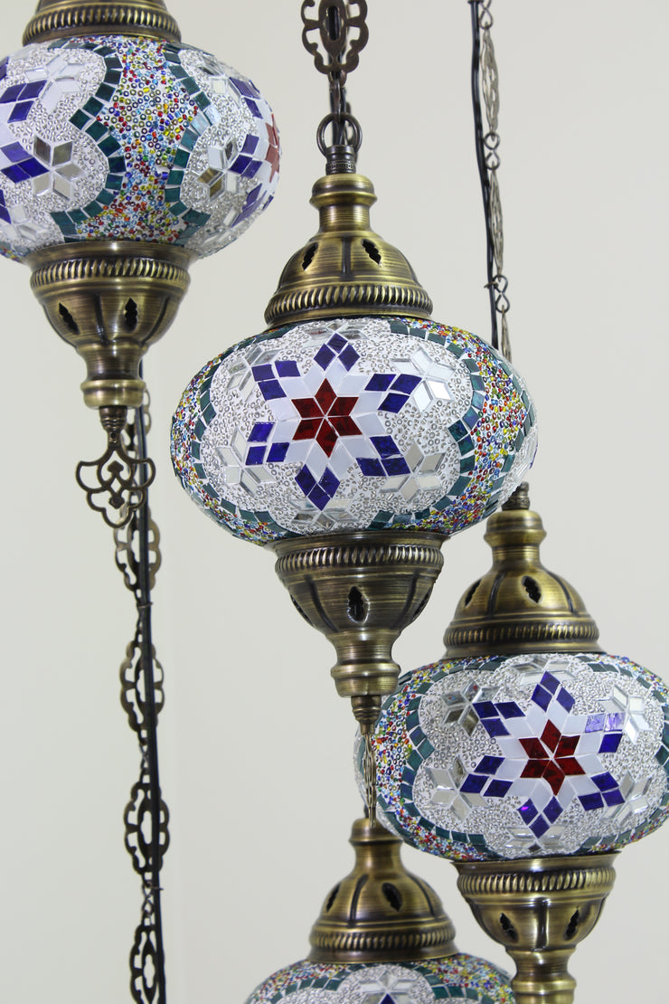 5 BALL TURKISH MOSAIC CHANDELIER, WITH LARGE GLOBES - TurkishLights.NET