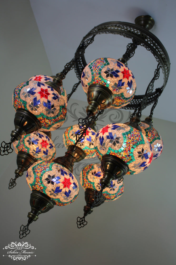 9-BALL TURKISH SULTAN MOSAIC CHANDELIER WITH NO3 (LARGE) GLOBES - TurkishLights.NET