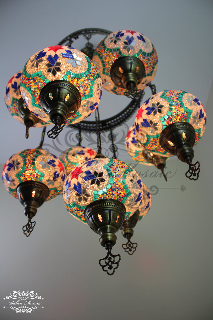 9-BALL TURKISH SULTAN MOSAIC CHANDELIER WITH NO3 (LARGE) GLOBES - TurkishLights.NET