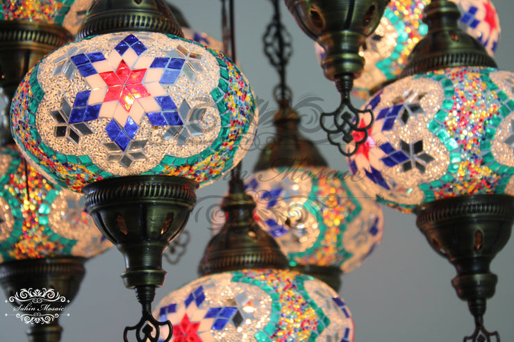 9-BALL TURKISH SULTAN MOSAIC CHANDELIER WITH NO3 (LARGE) GLOBES - TurkishLights.NET