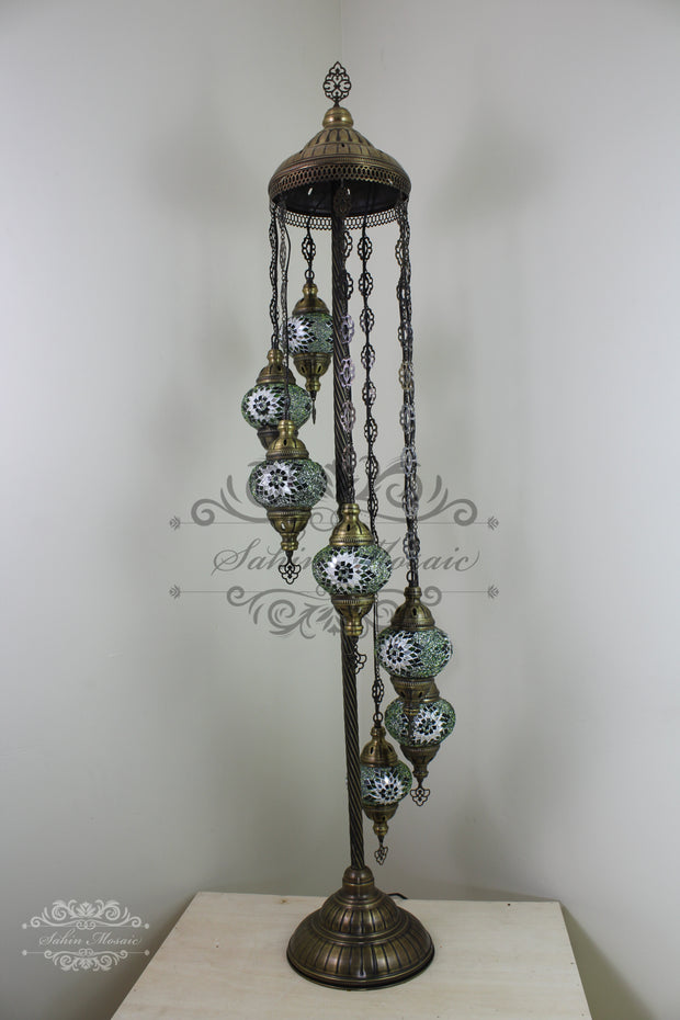 7 BALL TURKISH MOSAIC FLOOR LAMP, LAMBADER, MEDIUM GLOBES - TurkishLights.NET