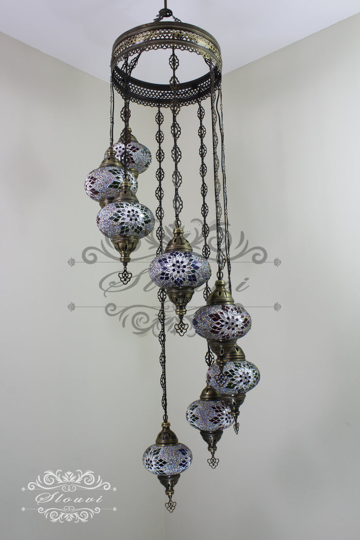 TURKISH MOSAIC LAMP, Water Drop Style CHANDELIER IN 8 LARGE GLOBES - TurkishLights.NET