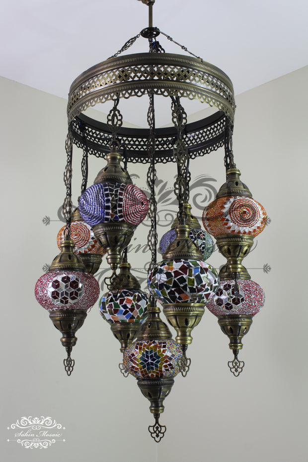 9-BALL TURKISH SULTAN MOSAIC CHANDELIER WITH NO2 (MEDIUM) GLOBES - TurkishLights.NET