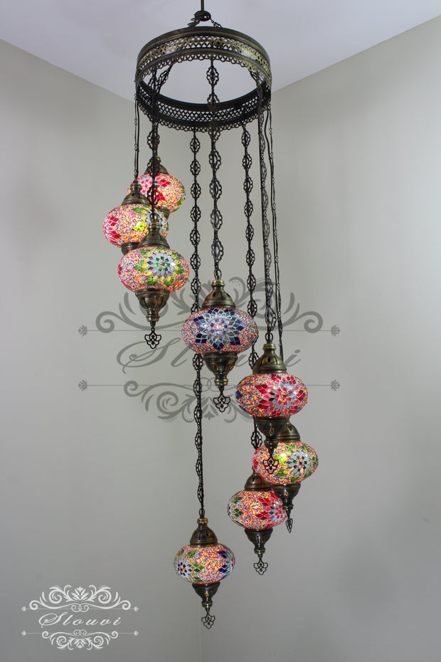 TURKISH MOSAIC LAMP, Water Drop Style CHANDELIER IN 8 LARGE GLOBES - TurkishLights.NET