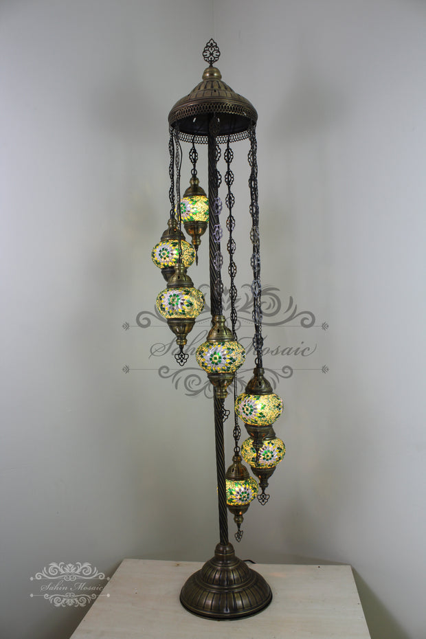 7 BALL TURKISH MOSAIC FLOOR LAMP, LAMBADER, MEDIUM GLOBES - TurkishLights.NET