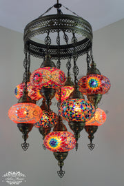 9-BALL TURKISH SULTAN MOSAIC CHANDELIER WITH NO3 (LARGE) GLOBES - TurkishLights.NET