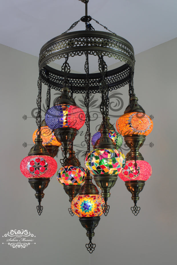 9-BALL TURKISH SULTAN MOSAIC CHANDELIER WITH NO2 (MEDIUM) GLOBES - TurkishLights.NET