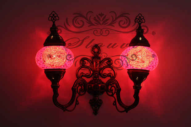 Turkish Mosaic Double Wall Sconce, With Medium Globes, Upward - TurkishLights.NET