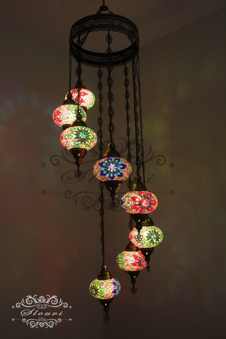 TURKISH MOSAIC LAMP, Water Drop Style CHANDELIER IN 8 LARGE GLOBES - TurkishLights.NET