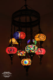 9-BALL TURKISH SULTAN MOSAIC CHANDELIER WITH NO2 (MEDIUM) GLOBES - TurkishLights.NET