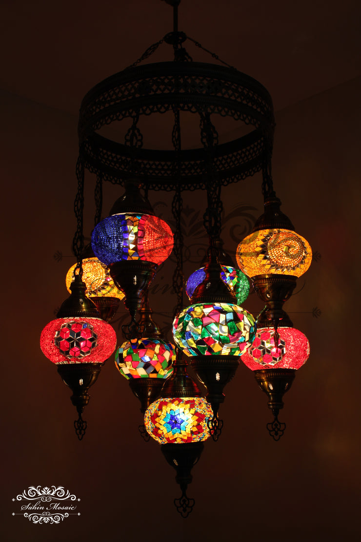 9-BALL TURKISH SULTAN MOSAIC CHANDELIER WITH NO2 (MEDIUM) GLOBES - TurkishLights.NET