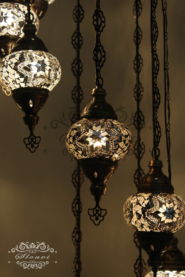 TURKISH MOSAIC LAMP, Water Drop Style CHANDELIER IN 8 GLOBES - TurkishLights.NET