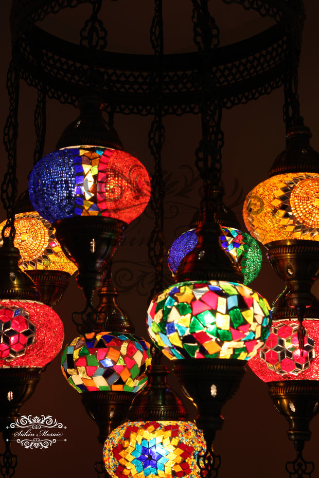 9-BALL TURKISH SULTAN MOSAIC CHANDELIER WITH NO2 (MEDIUM) GLOBES - TurkishLights.NET