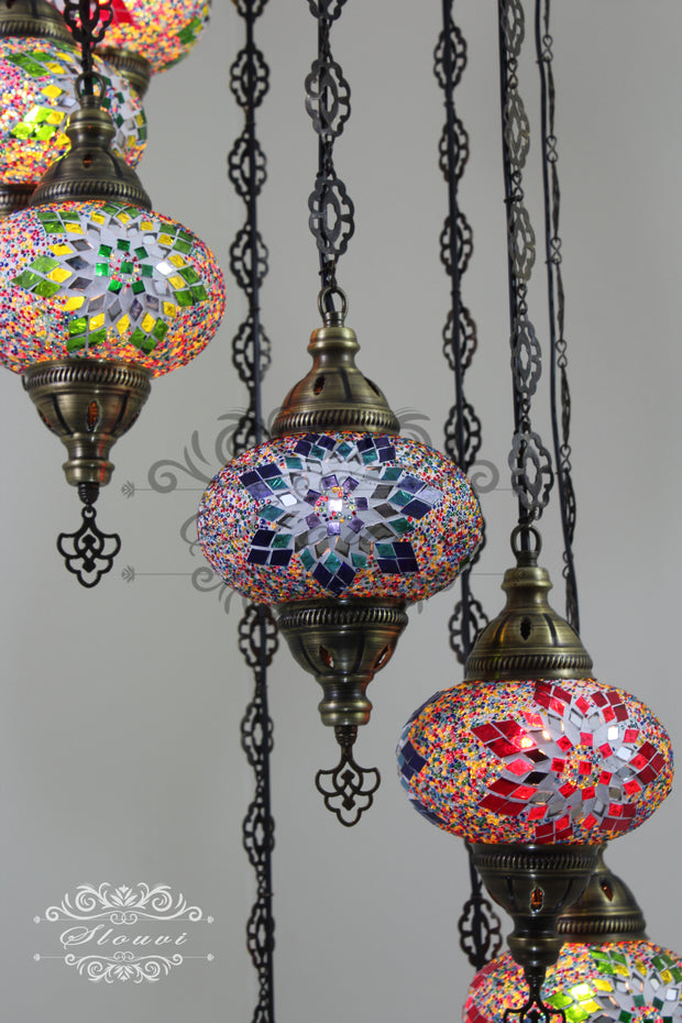 TURKISH MOSAIC LAMP, Water Drop Style CHANDELIER IN 8 LARGE GLOBES - TurkishLights.NET