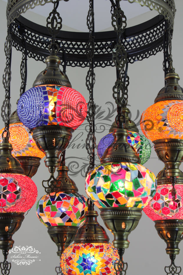 9-BALL TURKISH SULTAN MOSAIC CHANDELIER WITH NO2 (MEDIUM) GLOBES - TurkishLights.NET