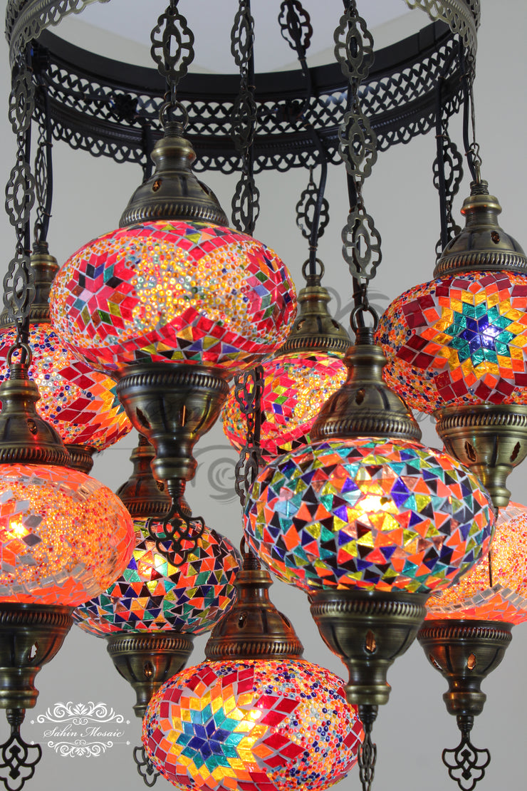 9-BALL TURKISH SULTAN MOSAIC CHANDELIER WITH NO3 (LARGE) GLOBES - TurkishLights.NET