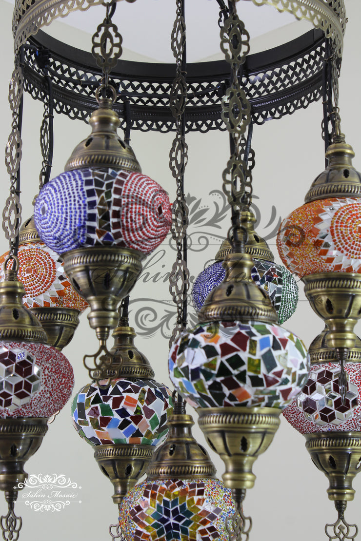 9-BALL TURKISH SULTAN MOSAIC CHANDELIER WITH NO2 (MEDIUM) GLOBES - TurkishLights.NET