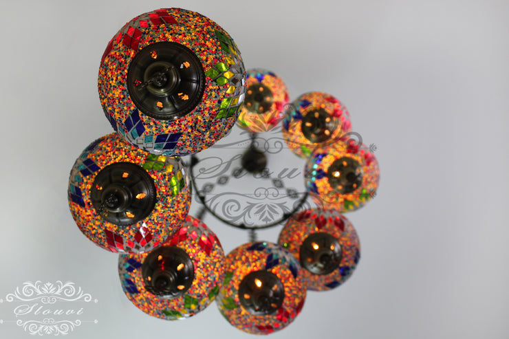 TURKISH MOSAIC LAMP, Water Drop Style CHANDELIER IN 8 LARGE GLOBES - TurkishLights.NET