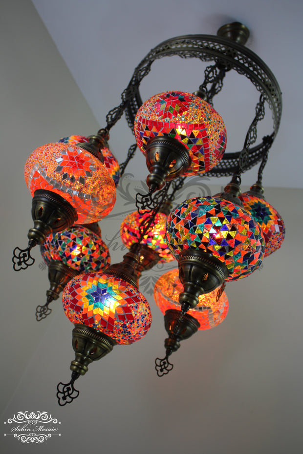 9-BALL TURKISH SULTAN MOSAIC CHANDELIER WITH NO3 (LARGE) GLOBES - TurkishLights.NET