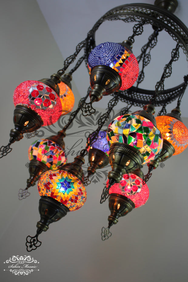 9-BALL TURKISH SULTAN MOSAIC CHANDELIER WITH NO2 (MEDIUM) GLOBES - TurkishLights.NET