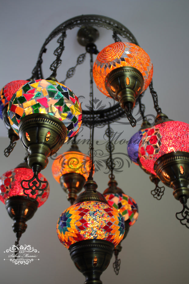 9-BALL TURKISH SULTAN MOSAIC CHANDELIER WITH NO2 (MEDIUM) GLOBES - TurkishLights.NET