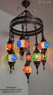 15-BALL TURKISH SULTAN MOSAIC CHANDELIER, MEDİUM GLOBES 15 TO CHOOSE