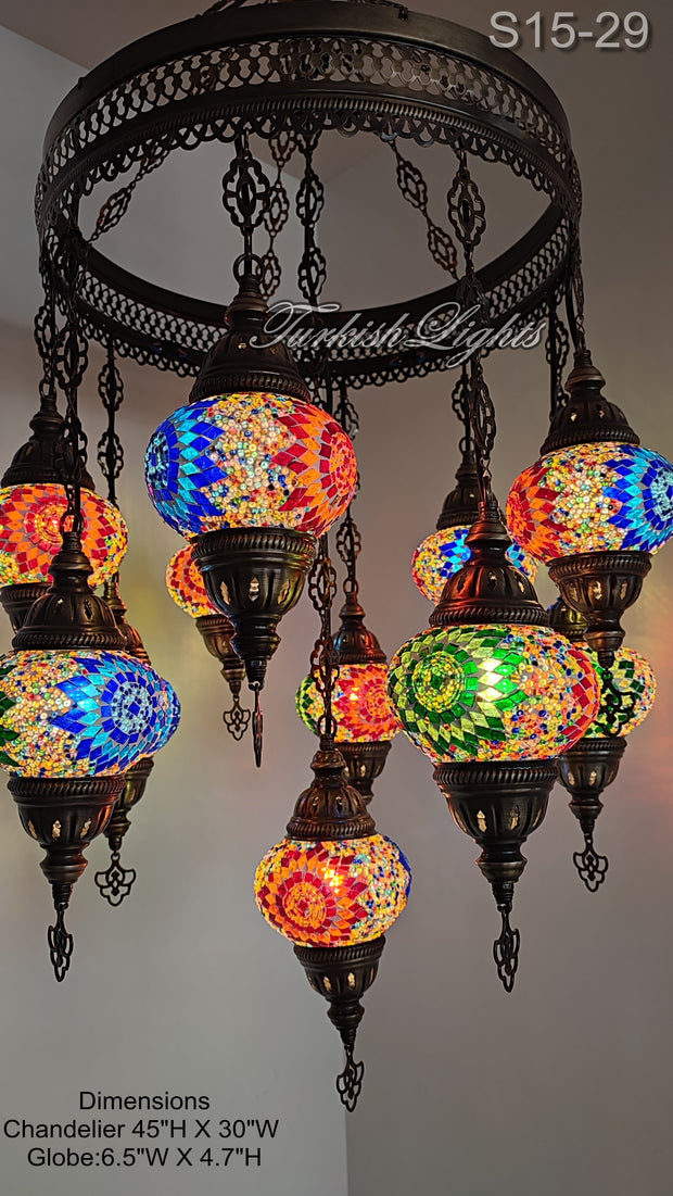 15-BALL TURKISH SULTAN MOSAIC CHANDELIER, MEDİUM GLOBES ID: S15-29