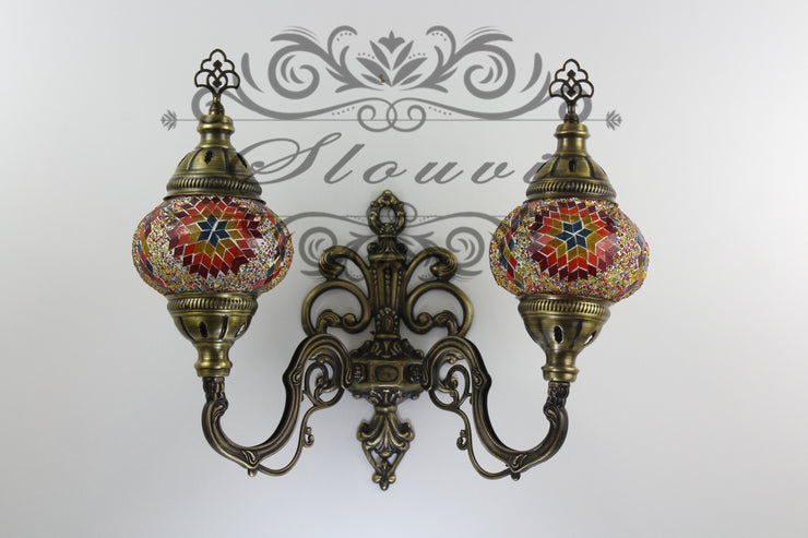 Turkish Mosaic Double Wall Sconce, With Medium Globes, Upward - TurkishLights.NET