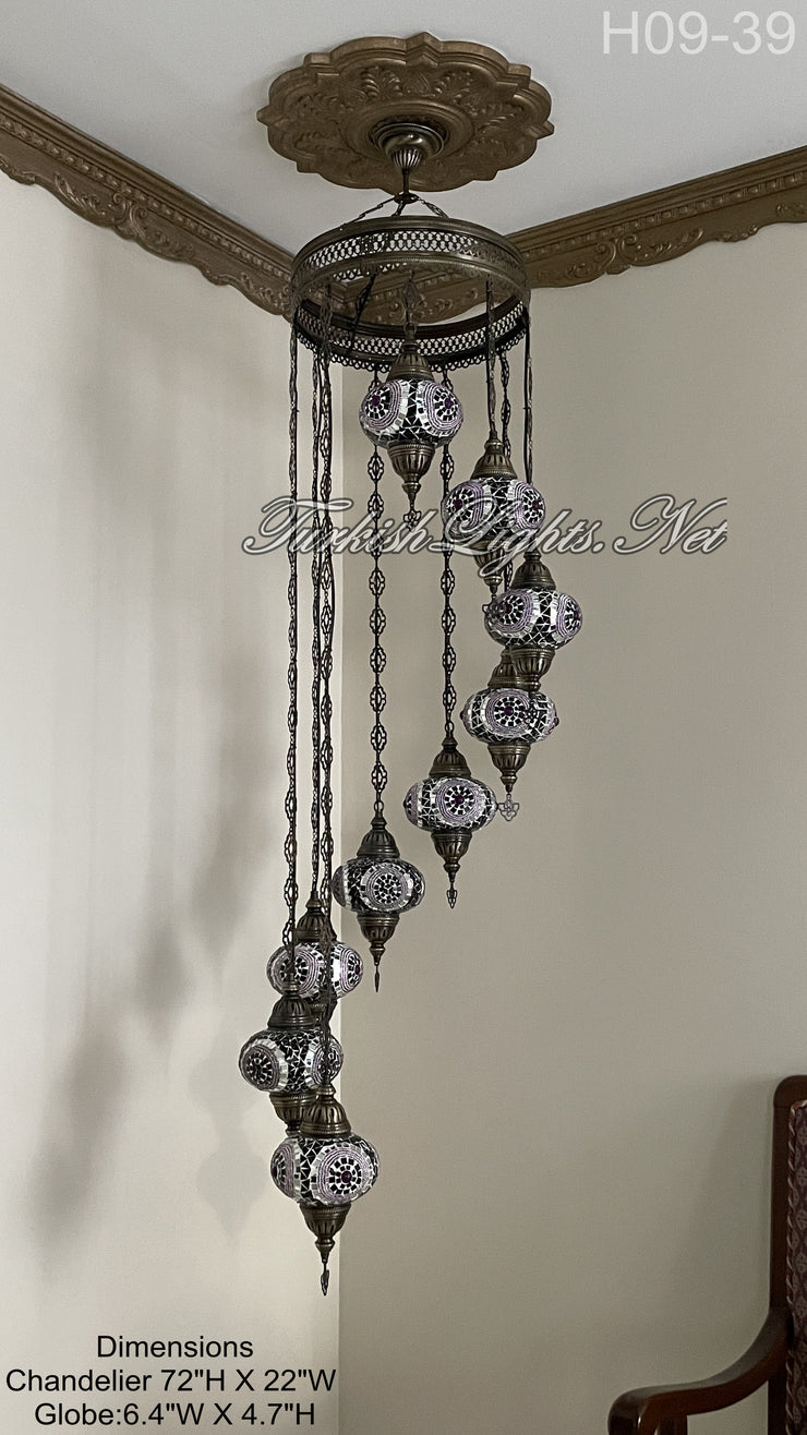 9 (L) BALL TURKISH WATER DROP MOSAIC CHANDELIER WİTH LARGE GLOBES H09-39