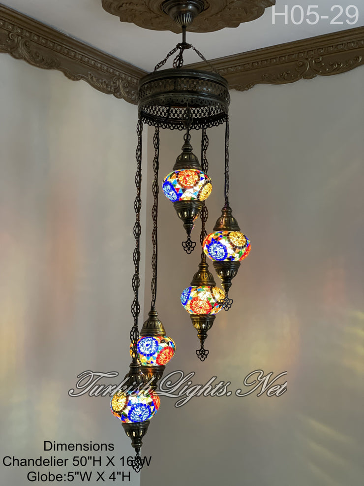 5 (M) BALL TURKISH WATER DROP MOSAIC CHANDELIER WİTH MEDIUM GLOBES H05-29